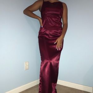 Red satin evening gown.